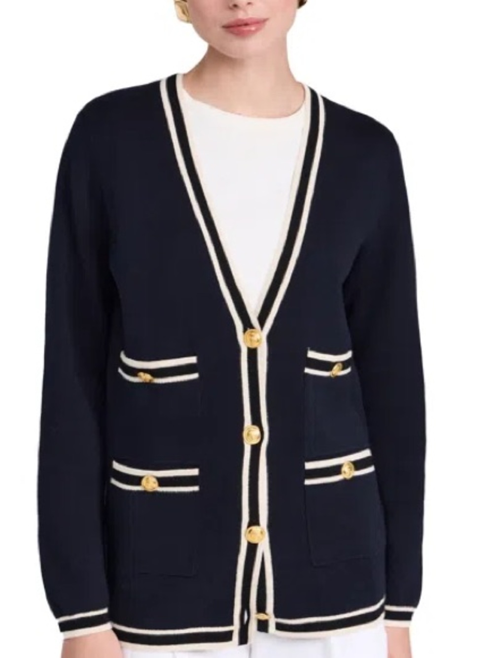 Alex Mill Navy Greta Cardigan with Cream Trim and Gold Buttons